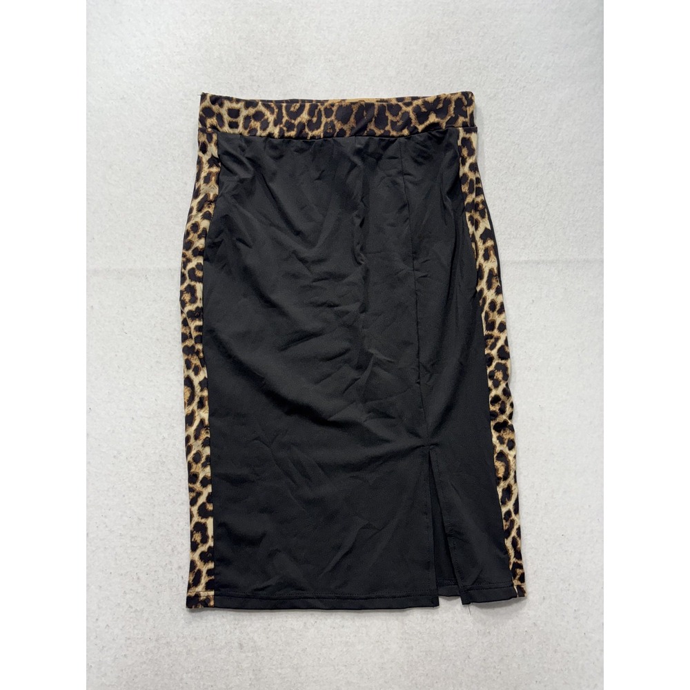 SheIn Skirt Womens L Black Leopard Print Knee Length Jersey Stretch Pencil